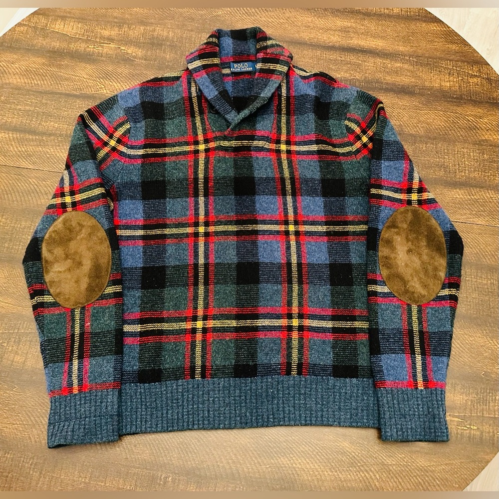 Polo Ralph Lauren Blue Multi Plaid Shawl Collar Sweater with Elbow Patches